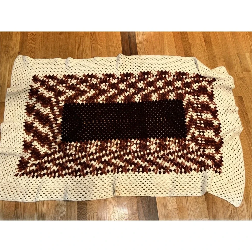 Handmade Afghan Lap Throw Crochet Blanket Brown Cream Variation 61x39 Boho Retro